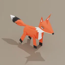 Low-poly Blender 3D model of an orange and white fox with a stylized geometric design, standing on a plain surface.