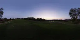 Twilight golf course panoramic HDR panorama for realistic 3D scene lighting.