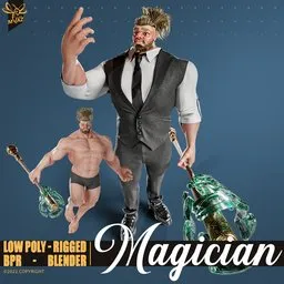 Rigged Blender 3D model of a stylized bodybuilder magician with high-quality textures, clean UVs, and realistic hair, game-ready.