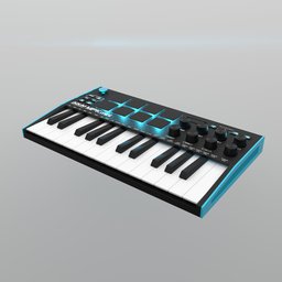 Realistic 3D render of a MIDI controller keyboard compatible with Blender 3D, showcasing detailed keys and knobs.