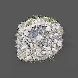 "Photoscan of a moss-covered circular rock fireplace in Hady, available as a detailed and photorealistic 3D model for Blender 3D. Includes occasional small rubble, iron and asphalt details, and vegetation growth. Perfect for creating realistic environment elements in your 3D projects."