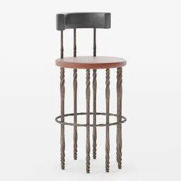 "Round bar stools with a wooden seat and metal base, suitable for interior 3D projects in Blender 3D. This simple model features a copper patina and is inspired by Charles Ragland Bunnell's design. Created by Harriet Zeitlin, this 3D model is ideal for restaurant and bar visualizations."