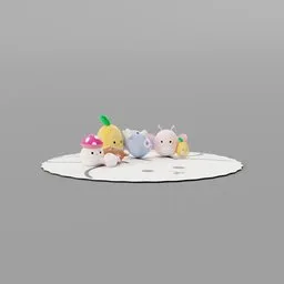 Assorted 3D plush toys on a carpet, ideal for children's room scenes in Blender.