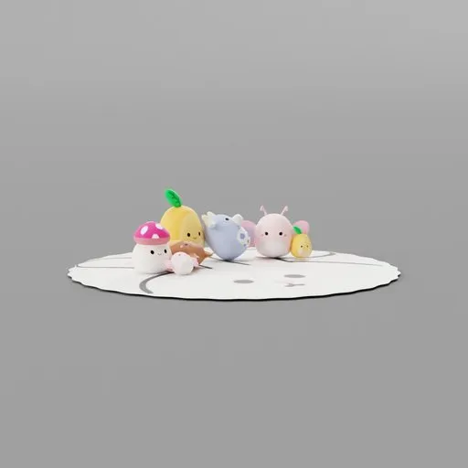 Assorted 3D plush toys on a carpet, ideal for children's room scenes in Blender.