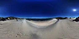 Panoramic HDR beach scenery with clear blue sky for realistic lighting in 3D rendering.