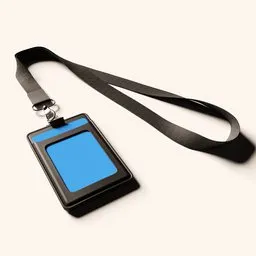 "High-resolution 3D model of a card holder for Blender 3D. This UV unwrapped and textured model features a lanyard with a blue badge, electronic case display, standing posture, and stylized border. Ideal for users seeking a detailed and realistic card holder for their Blender 3D projects."