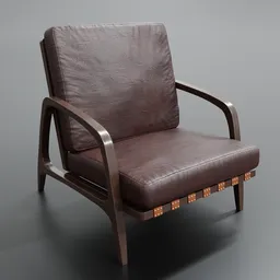 Detailed 3D-rendered brown leather armchair with wooden frame and cushion straps, compatible with Blender 3D visualization.