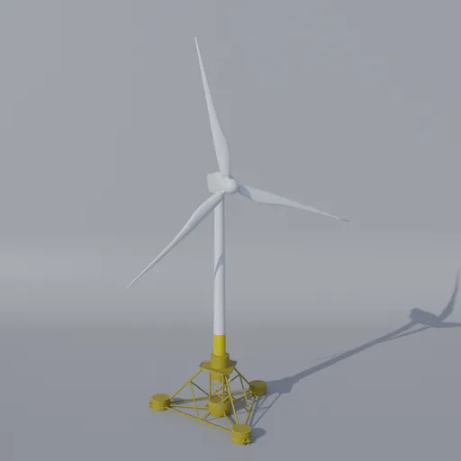 Detailed 3D model of an offshore wind turbine on a tri-floater base, rendered with Blender, suitable for energy projects.