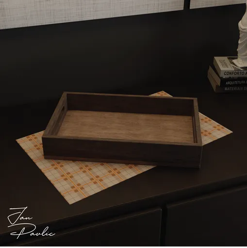 Detailed 3D model of a wooden tray with a rustic look, ideal for rendering in Blender and other 3D software.