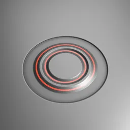 "Scifi Decal 008 Circular Button: A detailed 3D model for Blender 3D, featuring a circular object with a striking red light in the center, made with Decal Machine. This science-miscellaneous 3D icon is perfect for mobile game design and features a liquid polished metal finish, with hints of grey and orange."