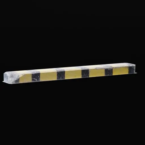 Detailed low-poly 3D model of a weathered parking bumper with yellow and black stripes, suitable for Blender urban scenes.