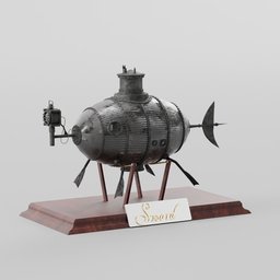 "Explore the 'Sword Submarine', an award-winning industrial exterior 3D model created with Blender 3D software. Inspired by the film 'Invention for Destruction', this metal submarine model sits on a wooden base with engraved textures for a detailed finish. Perfect for game design or 3D modeling enthusiasts."