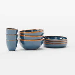 "Get your kitchen ready with this highly detailed Ceramic Bowl Set in blue and orange, inspired by Johan Lundbye and manufactured in the 1920s. This 3D model, perfect for Blender 3D, features four bowls and two cups, with a trendy color scheme and striped design."