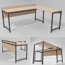 Minimalist 3D model of an 'L' shaped office desk for Blender with adjustable leveling feet and detailed connectors.
