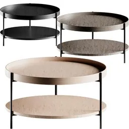 "3D modeled round coffee tables with dual-layered tops and metal frames, compatible with Blender for interior design."