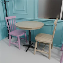 3D model of vibrant unicorn-themed budget cafe table and chairs, compatible with Blender.