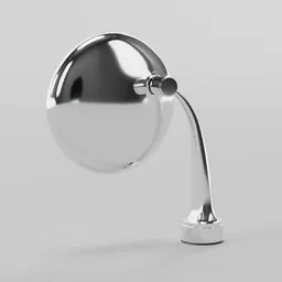 "Retro-style chrome car/motorcycle side mirror 3D model rendered with Blender and inspired by Amos Sewell's design. Features a curved arm, spherical body, and silver monocle, perfect for mid-century modern furniture and mechanical design enthusiasts."