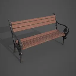 Realistic 3D model of a weathered wooden and metal park bench, suitable for Blender rendering, with detailed textures.