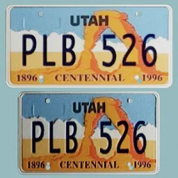 Low-res digital 3D model of a Utah vehicle license plate for vehicle renders in Blender.