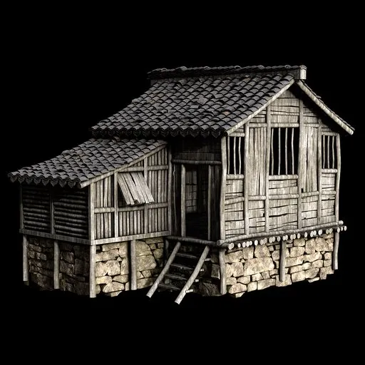 Detailed 3D wooden house model with stone foundation and high-resolution textures, perfect for Blender rendering.