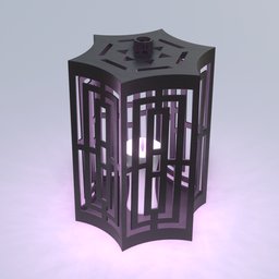 "Table lamp or pendant lamp made of ebony with a candle inside, featuring a unique geometric design and influenced by Sesshū Tōyō's art style. This 3D model in Blender showcases an aesthetically appealing violet skin, evoking an art deco medieval ambiance while incorporating a hidden portal element. An exquisite creation perfect for adding a touch of elegance to any scene."