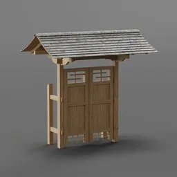 "3D Asian-style gate model for Blender 3D - perfect for garden visualizations. Features wooden outhouse, shingled roof, and textured base. High-resolution textures included."