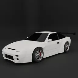 "White Nissan 180sx with black roof and spoiler, modeled in Blender 3D for racing category. Close up shot with full body profile pose and front side views."