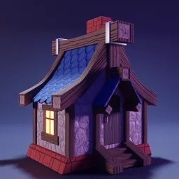 "Stylized low poly toy house made of logs and stone, with highly detailed texture and dynamic lighting. Perfect for video game assets or professional woodcarving projects. Created in Blender 3D."