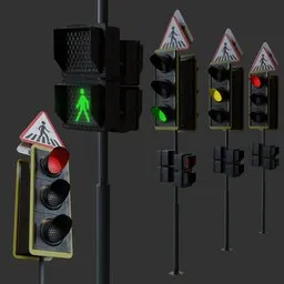 Detailed 3D traffic light models with pedestrian signals for Blender rendering, showcasing multiple views and light states.