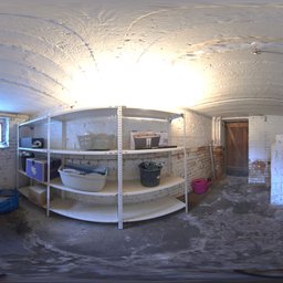 360-degree high-resolution HDR image of a storage-filled basement for realistic scene lighting.