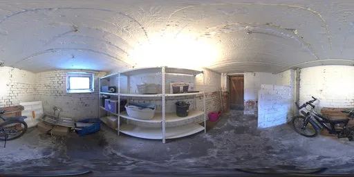 360-degree high-resolution HDR image of a storage-filled basement for realistic scene lighting.
