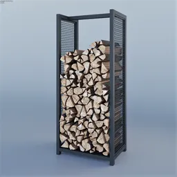 Detailed Blender 3D rendered metal log rack filled with realistic textured firewood, optimized for art asset creation.