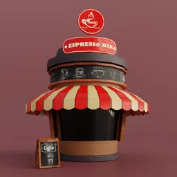 Stylized 3D model of a café kiosk optimized for Blender, ideal for game asset or animation.