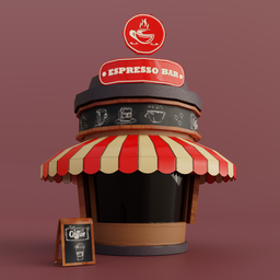 "Stylized 3D render of a small coffee shop with a sign on the front, perfect for motion graphics and games. Rendered with Pixar palette, light displacement, and cel-shaded effect. Rounded shapes and keyframed animation make this model a standout for Blender 3D."