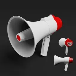 "Blender 3D model of a white and red Megaphone device, complete with ear buds for optimal audio amplification. Inspired by designers Gu Zhengyi and Karl Ballmer, this monochrome model is perfect for political cartoon style and influencer visuals. Modeled with Catia and suitable for use with portable generators, this CGSociety top 5 model is a must-have for any audio-themed 3D project."