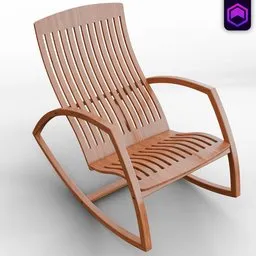 3D rendered wooden rocking chair for Blender, game-ready asset with detailed design.