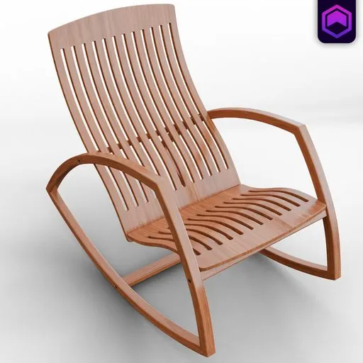 3D rendered wooden rocking chair for Blender, game-ready asset with detailed design.