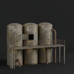 Highly detailed Blender 3D industrial model featuring a set of rust-textured silos with a catwalk and pipes, ideal for realistic container scenes.