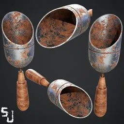Realistic 3D model of gardening scoops with weathered steel and wooden handles, detailed textures, suitable for Blender rendering.
