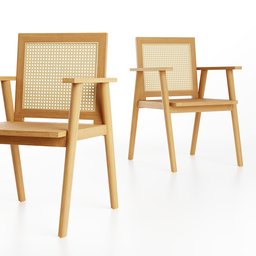 "Manado Dining Chair - a modern outdoor dining chair made from wicker and acacia wood. 3D model created in Blender 3D by Jesper Knudsen, featuring cane backrests and a refined hexagonal design for elevated comfort."