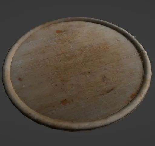 Realistic wooden plate 3D model, textured for Blender rendering, ideal for culinary presentations.
