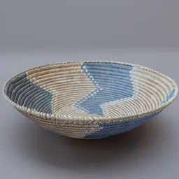 "Indian Weave Basket - 3D Model for Blender 3D - Container Category. This 14" X 4.5" basket features a blue and white design and can be used as a decoration. Created by Israel Tsvaygenbaum for high coloration reconstruction."