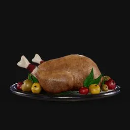 Alt text: "Render of a 3D model of fried turkey with apples on a plate with tomatoes and a bone, perfect for the festive table, created using Blender 3D software. Solid black background adds dramatic effect."