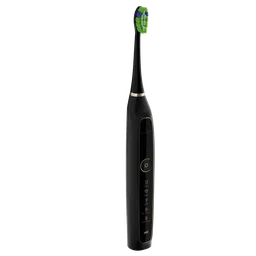 Detailed 3D rendering of a modern, sleek black electric sonic toothbrush with green bristles, compatible with Blender 3D.