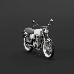 "High-quality 3D model of a Honda CB 100 motorcycle, perfect for game assets, video animation, and various other 3D projects. Created using Blender 3D software, this untextured and hyperreal rendering showcases a close-up shot of the motorcycle against a black background with floating particles. Capture the essence of historical design with this Soviet-style icon for AI apps."