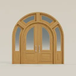 Detailed wooden arched double door with glass panels, 3D model rendered for Blender.