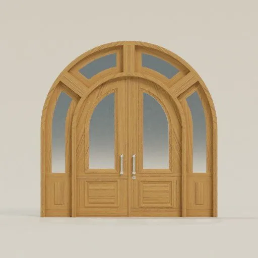 Detailed wooden arched double door with glass panels, 3D model rendered for Blender.