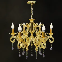"Luxurious gold chandelier for Blender 3D - easily customizable colors. Hyper-detailed with candle holders and intricate jewelry design. Perfect for elegant ceiling lighting in-game 3D models or website presentations."