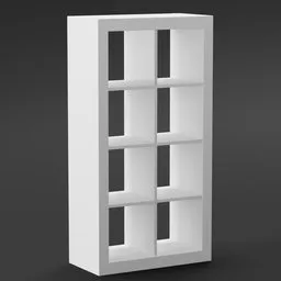 Realistic IKEA-inspired 3D model of a white shelf with 8 compartments, perfect for Blender rendering and interior design.