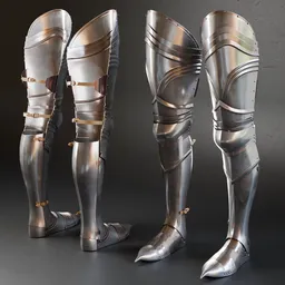 Detailed medieval greaves 3D model, Blender compatible, reflective metal texture, craftsmanship showcase.